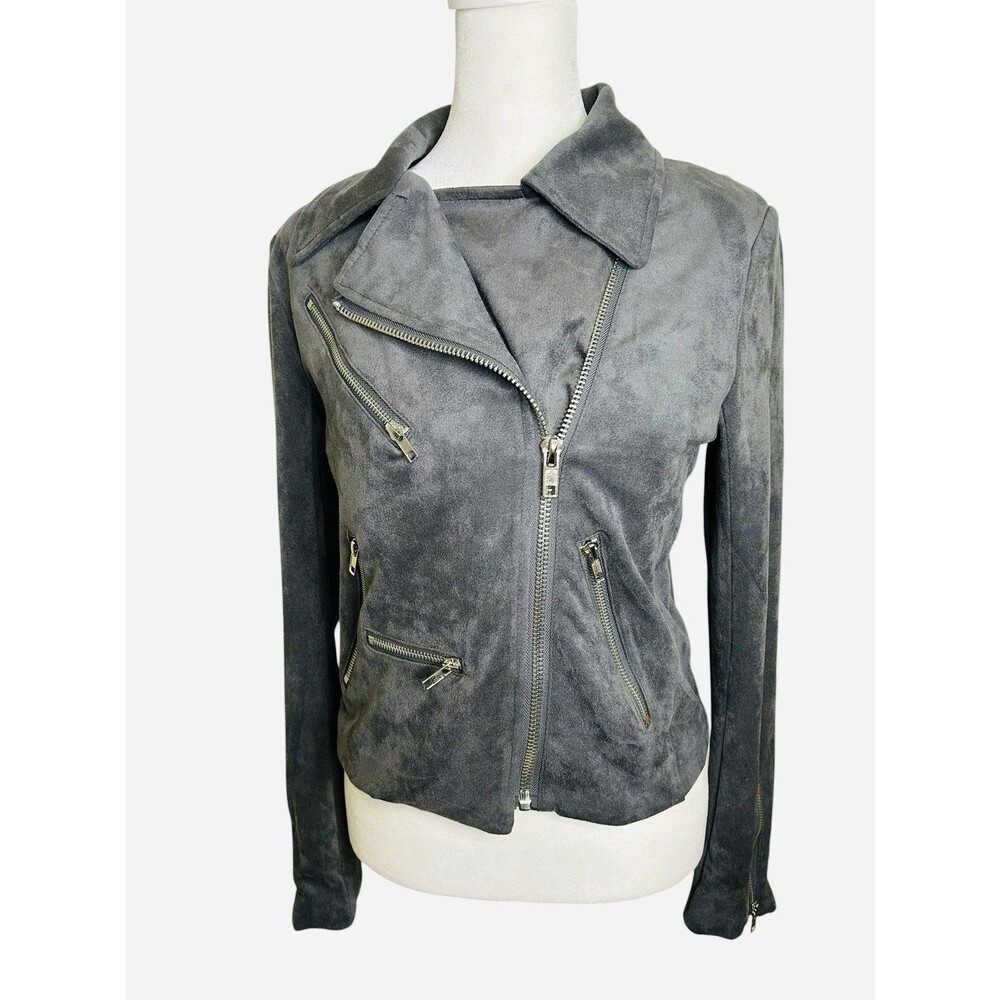 VICI Moto Jacket Faux Suede Women's Size MED Gray Asymmetrical Zip Slim Fit EUC